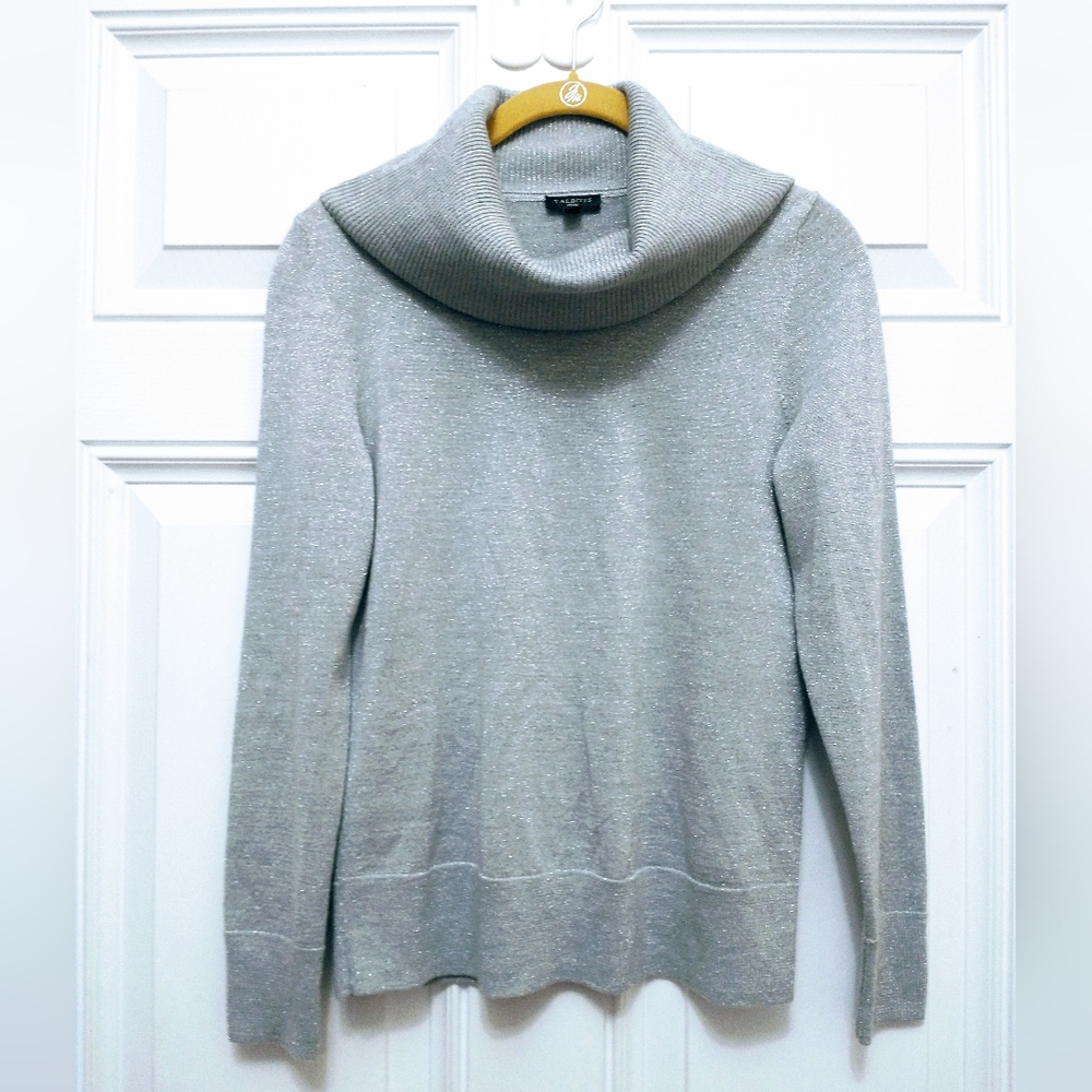 Talbots Gray Metallic Shimmer Cowl Neck Sweater